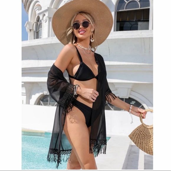 NEW! Black Fringe Chiffon Kimono - Picture 8 of 9